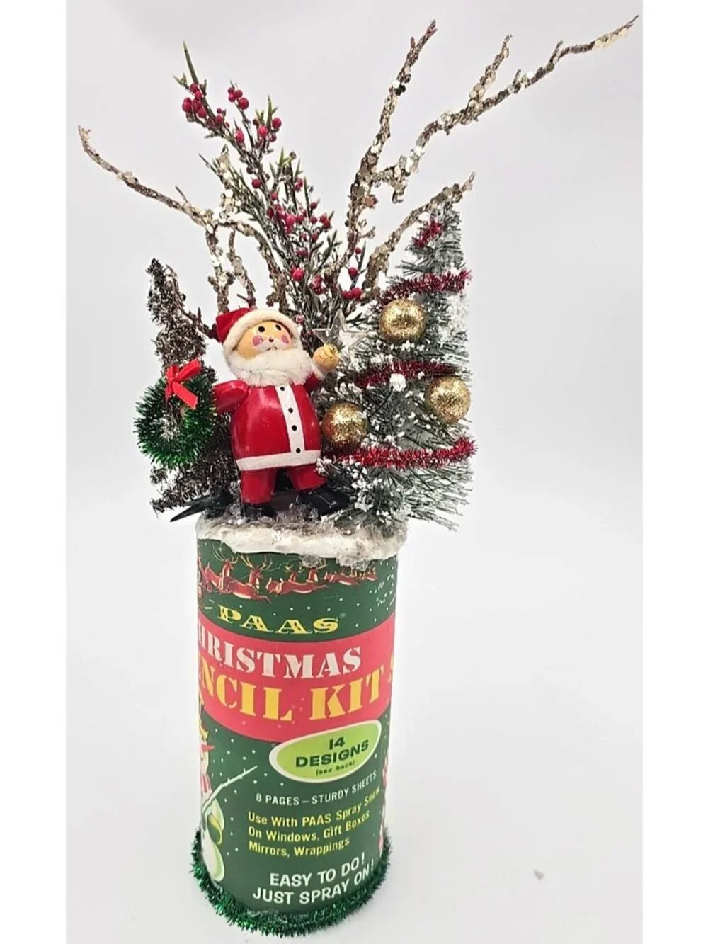 OOAK Christmas Assemblage Art Vtg Kitsch Bottle Brush Tree Santa Mica Handmade